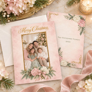 Pink & White Hydrangea Heirloom Photo Christmas Holiday Card