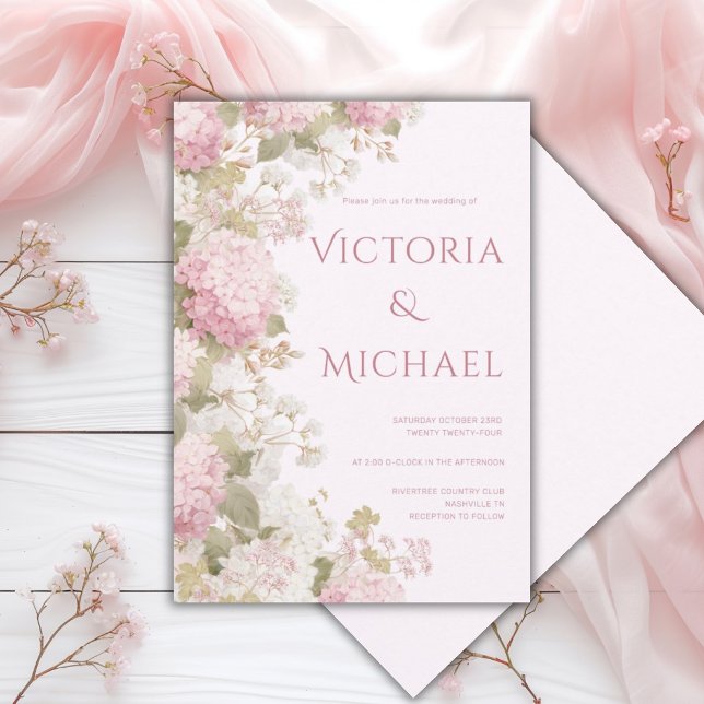 Pink White Hydrangeas Elegant Modern Wedding  Invitation (Creator Uploaded)