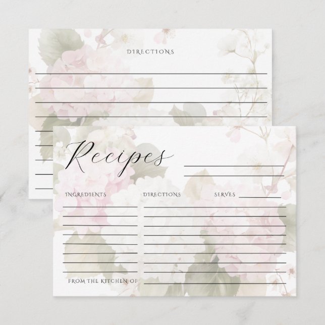 Pink White Hydrangeas Elegant Recipe Card (Front/Back)
