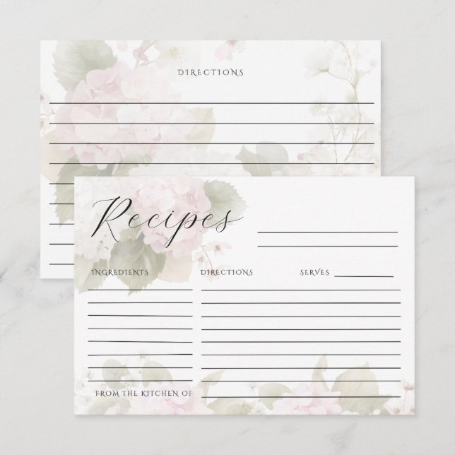 Pink White Hydrangeas Elegant Recipe Card (Front/Back)