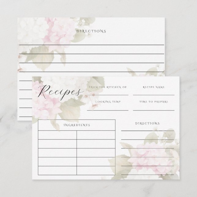 Pink White Hydrangeas Elegant Recipe Card (Front/Back)
