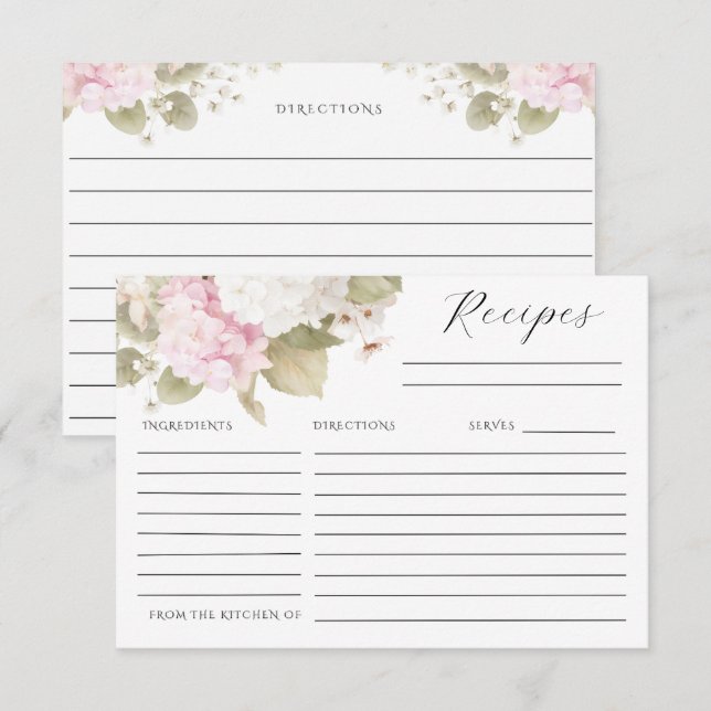 Pink White Hydrangeas Elegant Recipe Card (Front/Back)