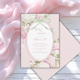 Pink White Hydrangeas Sage Green Baby Shower Invitation