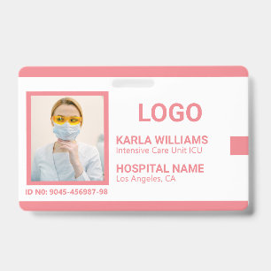 Pink White ICU Nurse ID Photo Badge 
