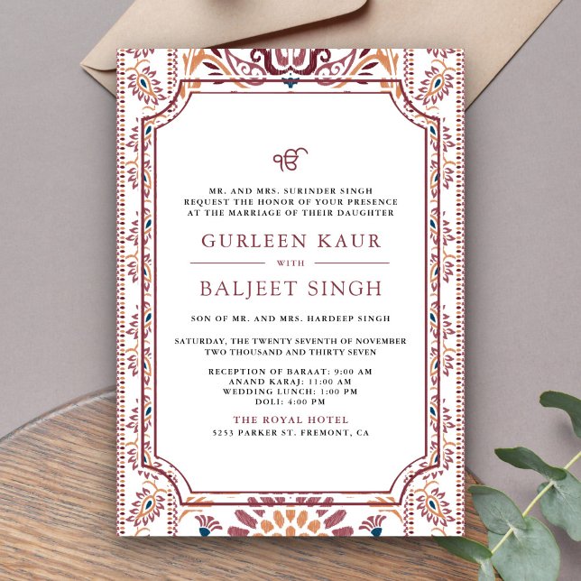 Pink White Ikat Anand Karaj Sikh Wedding Invitation (Creator Uploaded)