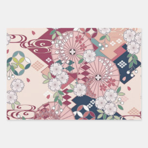 Pink White Japanese Kimono Floral Decoupage Wrapping Paper Sheet