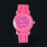 Pink & White Kid's Pink Glitter Strap Wrist Watch<br><div class="desc">A pink background and large white numbers decorate the face of this kids wrist watch. What a great Christmas or Birthday gift for a child! It can be personalised with child's name, or example text can be deleted. Wristwatch Strap is pink glitter, but is available in other colours. All Rights...</div>