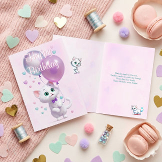 Pink White Kitten with Balloons Birthday Card