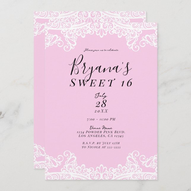 Pink & White Lace Elegant Sweet 16 Party  Invitation (Front/Back)