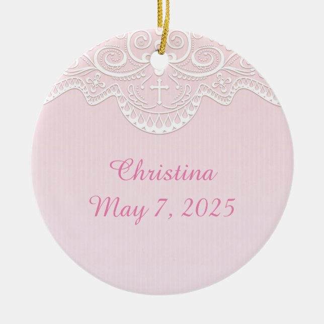 Pink, White Lace, Religious Ceramic Tree Decoration (Front)