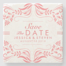 Pink &amp; White Lace Save The Date Sticker 2 Stone Coaster
