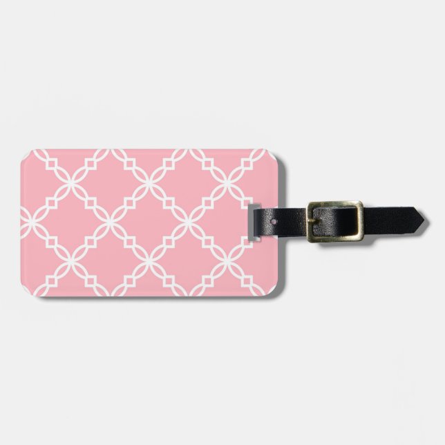 Pink White Large Fancy Quatrefoil Pattern Luggage Tag (Front Horizontal)