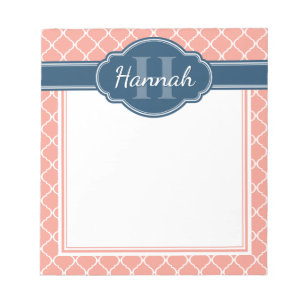 Pink White Lattice Pattern Blue Monogram Notepad