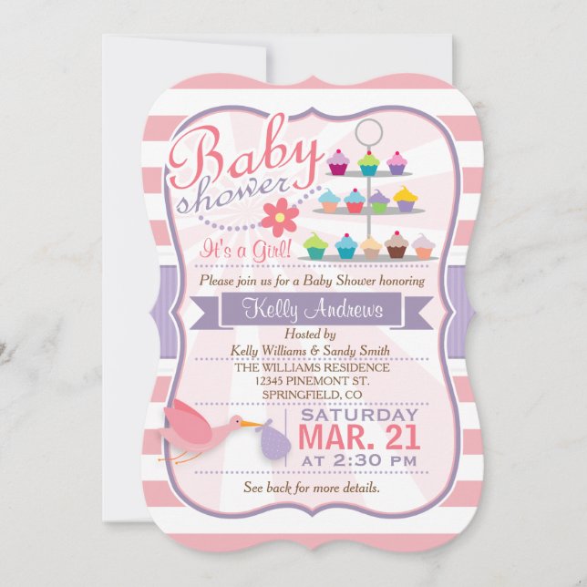 Pink, White, & Lavender Purple Stork Baby Shower Invitation (Front)