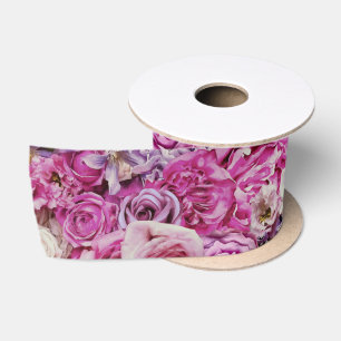 Pink White Lavender Rose Flowers Pattern Satin Ribbon