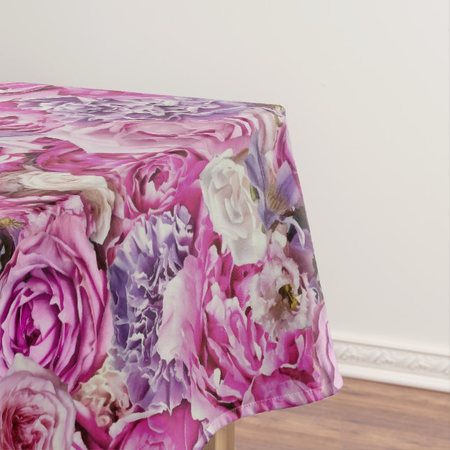 Pink White Lavender Rose Flowers Pattern Tablecloth (In Situ)