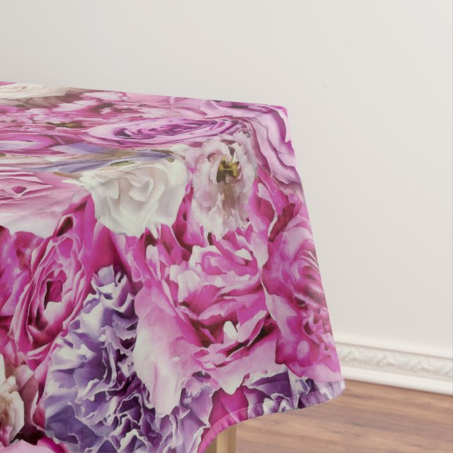 Pink White Lavender Rose Flowers Pattern Tablecloth (In Situ)