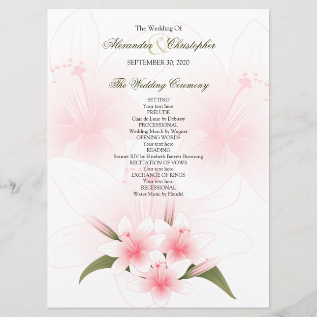 Pink & White Lilies Wedding Program Programme (Front)