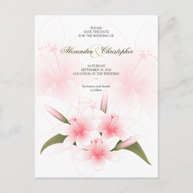 Pink & White Lilies Wedding Save The Date 2 Announcement Postcard (Front)