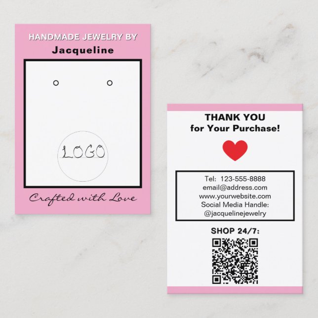 Pink White Logo Jewelry Earrings QR Code Business Card (Front/Back)