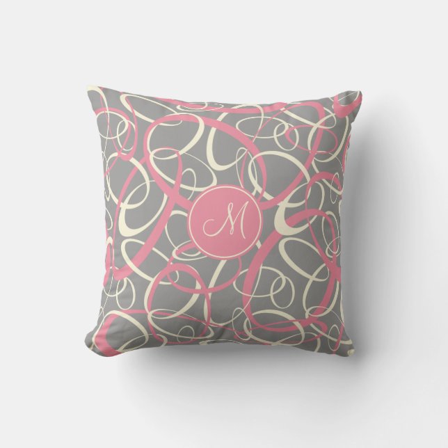 pink white loops on grey geometric pattern cushion (Front)