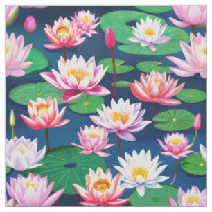 Pink White Lotus Water Lily Flowers & Green Leaves Fabric