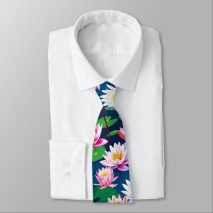 Pink White Lotus Water Lily Flowers & Green Leaves Tie