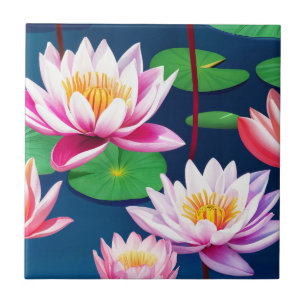 Pink White Lotus Water Lily Flowers & Green Leaves Tile
