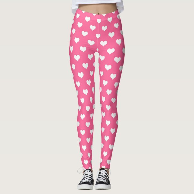 Pink White Love Heart Pattern Design  Leggings (Front)