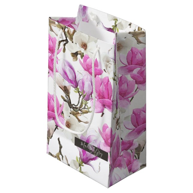 Pink & White Magnolia Blossom Watercolor Pattern Small Gift Bag (Front Angled)