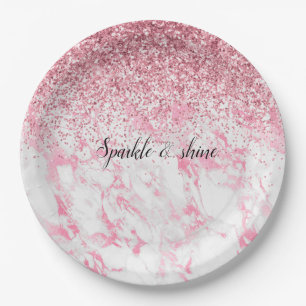 Pink White Marble Glitter Paper Plate