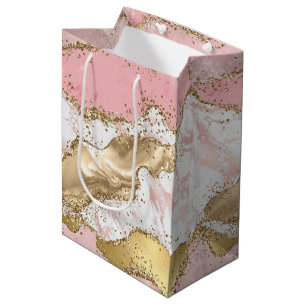 Pink White Marble Gold Glitter Medium Gift Bag