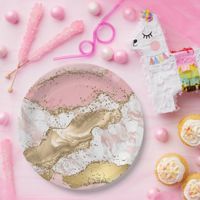Pink White Marble Gold Glitter Paper Plate (Party)