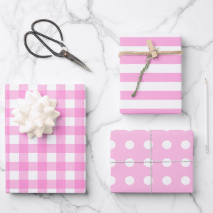 Pink White Matching Patterns Gingham Dots Stripe  Wrapping Paper Sheet