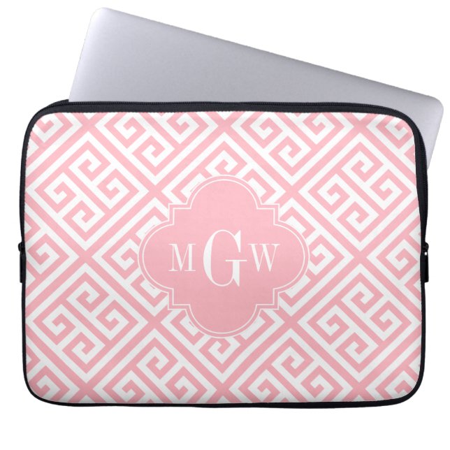 Pink White Med Greek Key Diag T Pink Name Monogram Laptop Sleeve (Front)