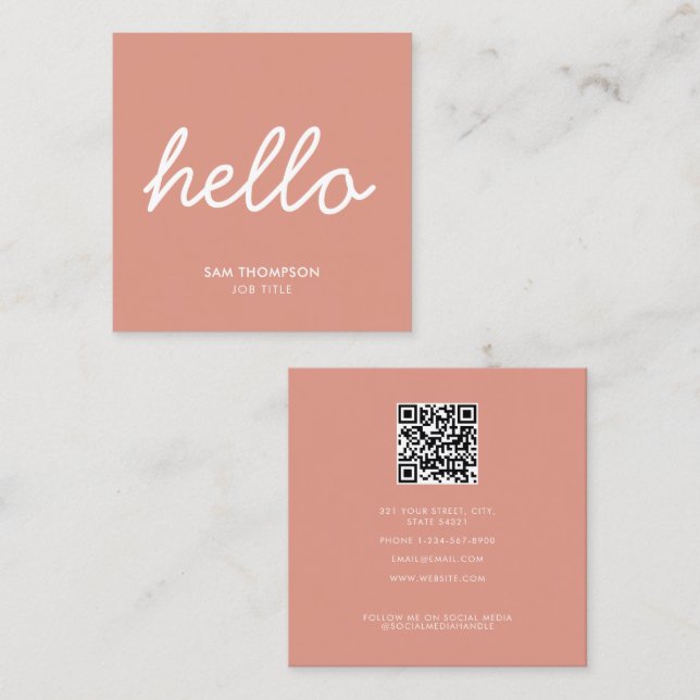 Pink & White Minimalist Clean Simple QR Code Square Business Card (Front/Back)