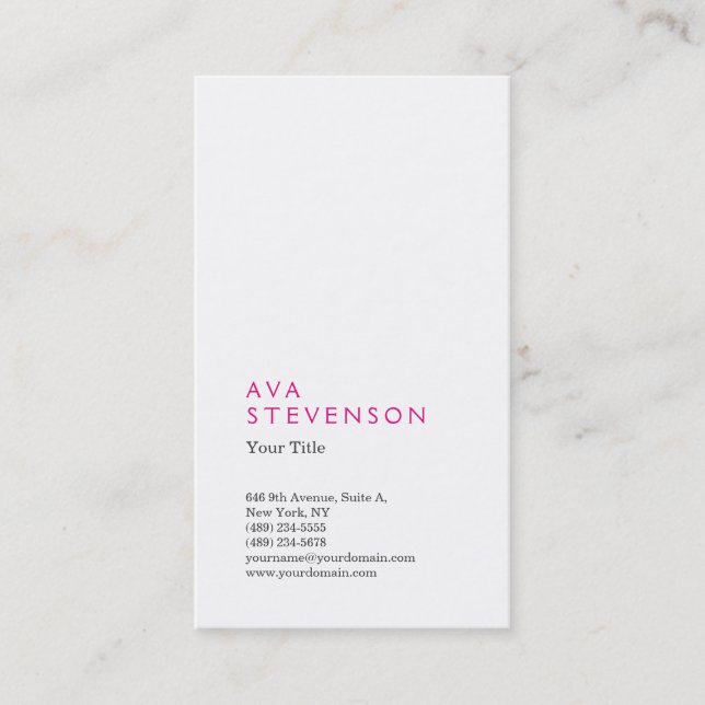 Pink White Minimalist Plain Modern Professional Business Card (Front)