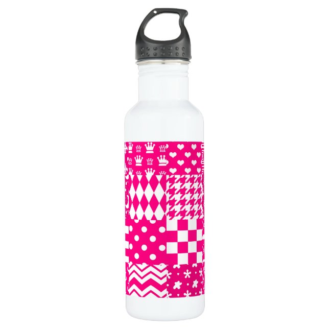 Pink White Mixed Patterns Patchwork Design  710 Ml Water Bottle (Front)