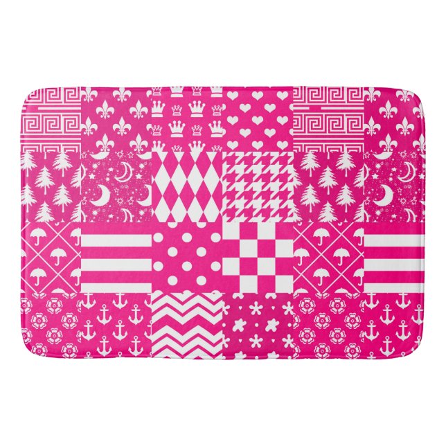 Pink White Mixed Patterns Patchwork Design  Bath Mat (Front)