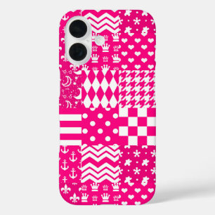 Pink White Mixed Patterns Patchwork Design iPhone 16 Case