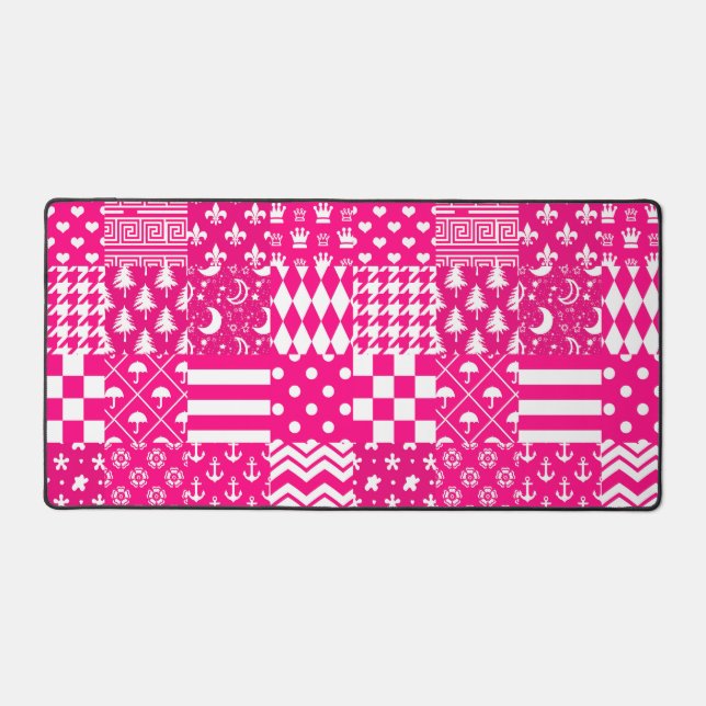 Pink White Mixed Patterns Patchwork Design  Desk Mat (Front)