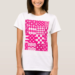 Pink White Mixed Patterns Patchwork Design T-Shirt