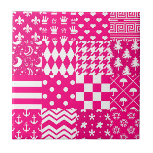 Pink White Mixed Patterns Patchwork Design Tile