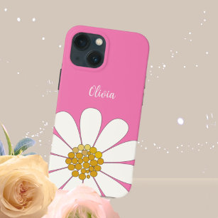 Pink White Modern Daisy Flower Personalise Name   iPhone 13 Mini Case