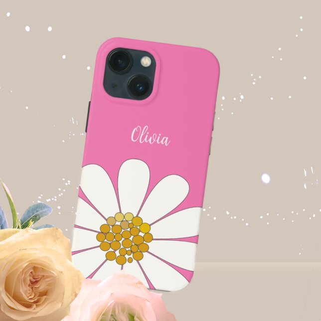 Pink White Modern Daisy Flower Personalise Name   Case-Mate iPhone Case (Creator Uploaded)