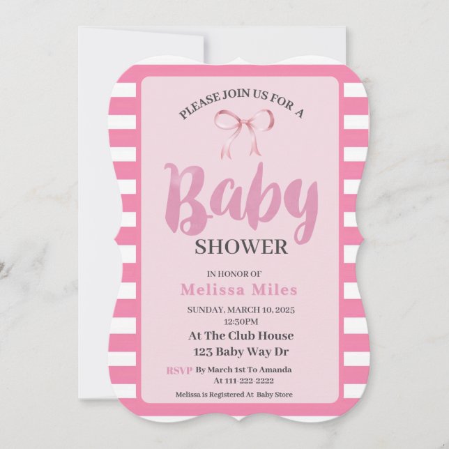Pink & White Modern Pink  Bow Girl Baby shower  Invitation (Front)