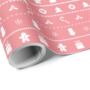 Pink White Modern Stylish Christmas Icons Wrapping Paper