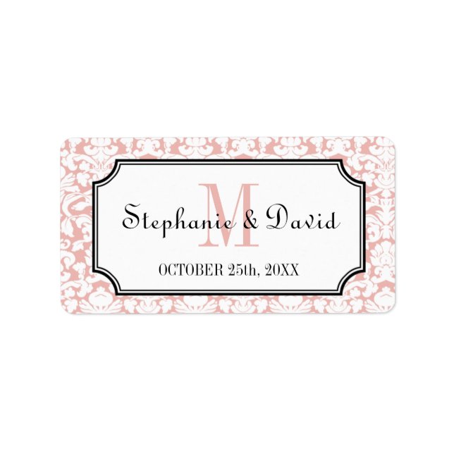 Pink white monogram damask frame wedding favour ta label (Front)