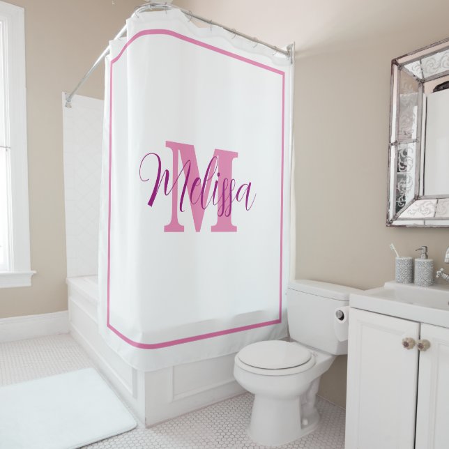 Pink White Monogram Initial Custom Name Elegant  Shower Curtain (In Situ)