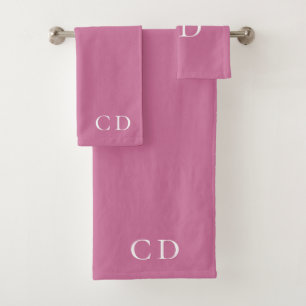 Pink white monogram initials minimalist bath towel set